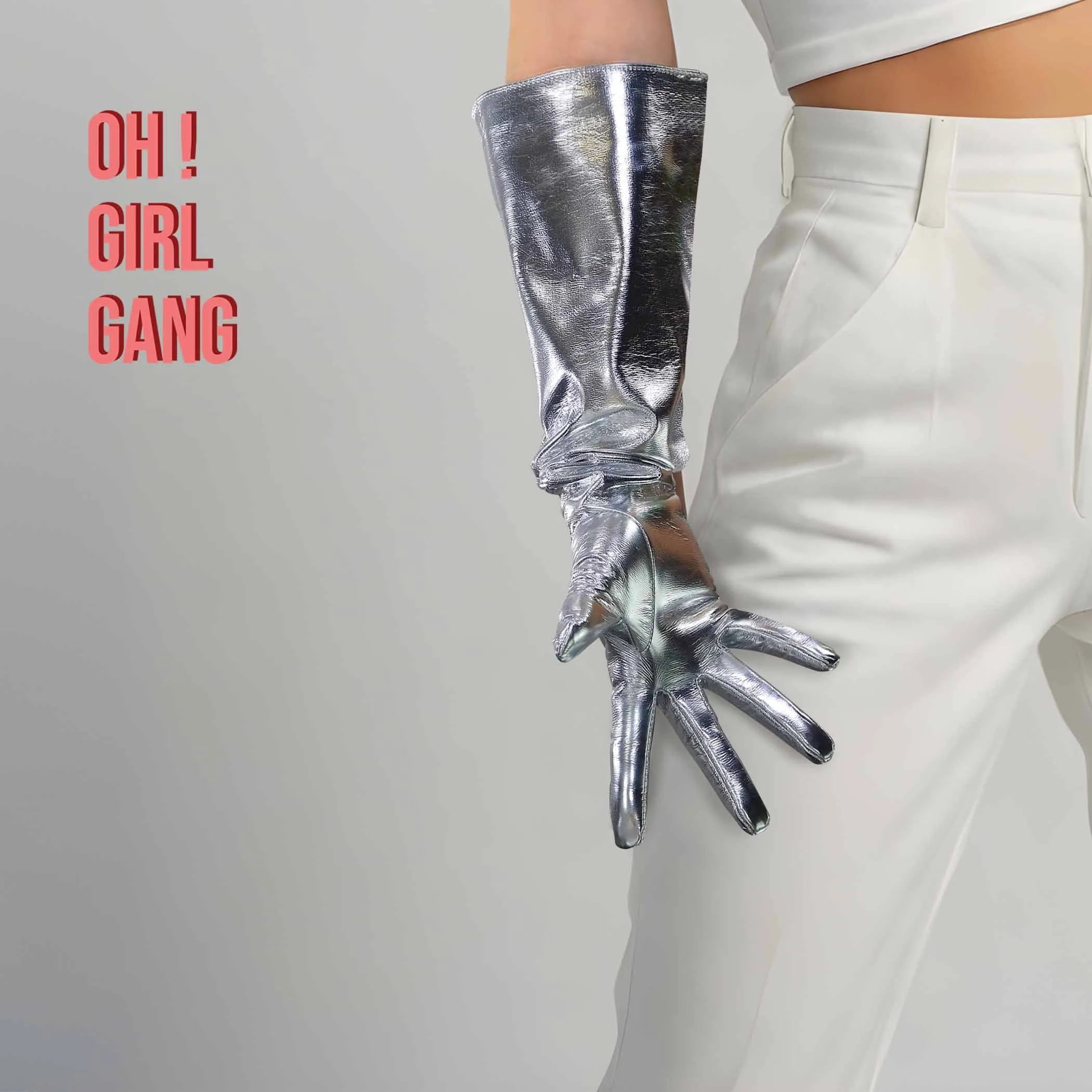 Reflective Shiny Silver PU leather Gloves in all lengths
