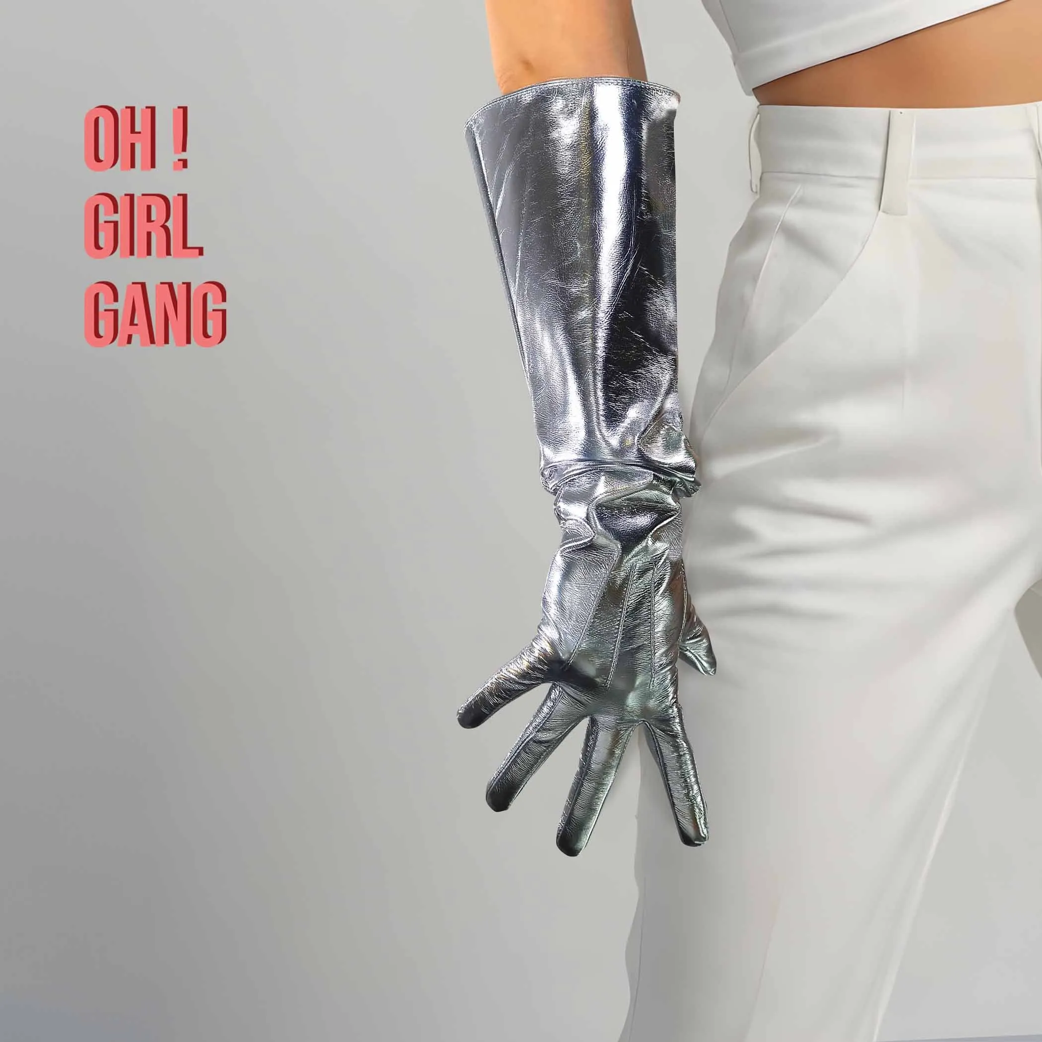 Reflective Shiny Silver PU leather Gloves in all lengths