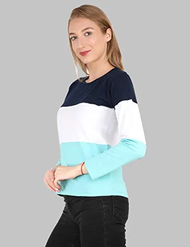 Reifica Women's Multicolor Full Sleeves Tshirt (Navy Blue,White,Ocean Blue, Large)