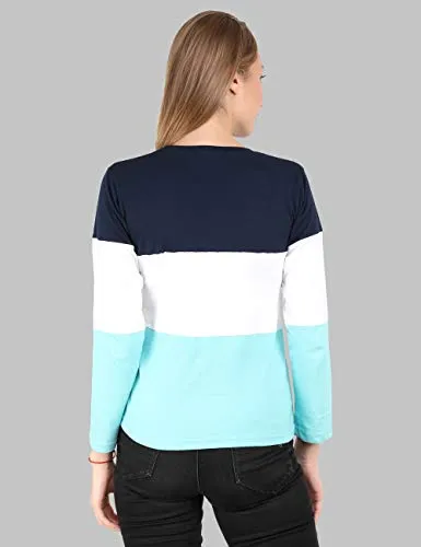 Reifica Women's Multicolor Full Sleeves Tshirt (Navy Blue,White,Ocean Blue, Large)