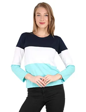 Reifica Women's Multicolor Full Sleeves Tshirt (Navy Blue,White,Ocean Blue, Large)
