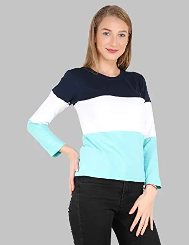 Reifica Women's Multicolor Full Sleeves Tshirt (Navy Blue,White,Ocean Blue, Large)