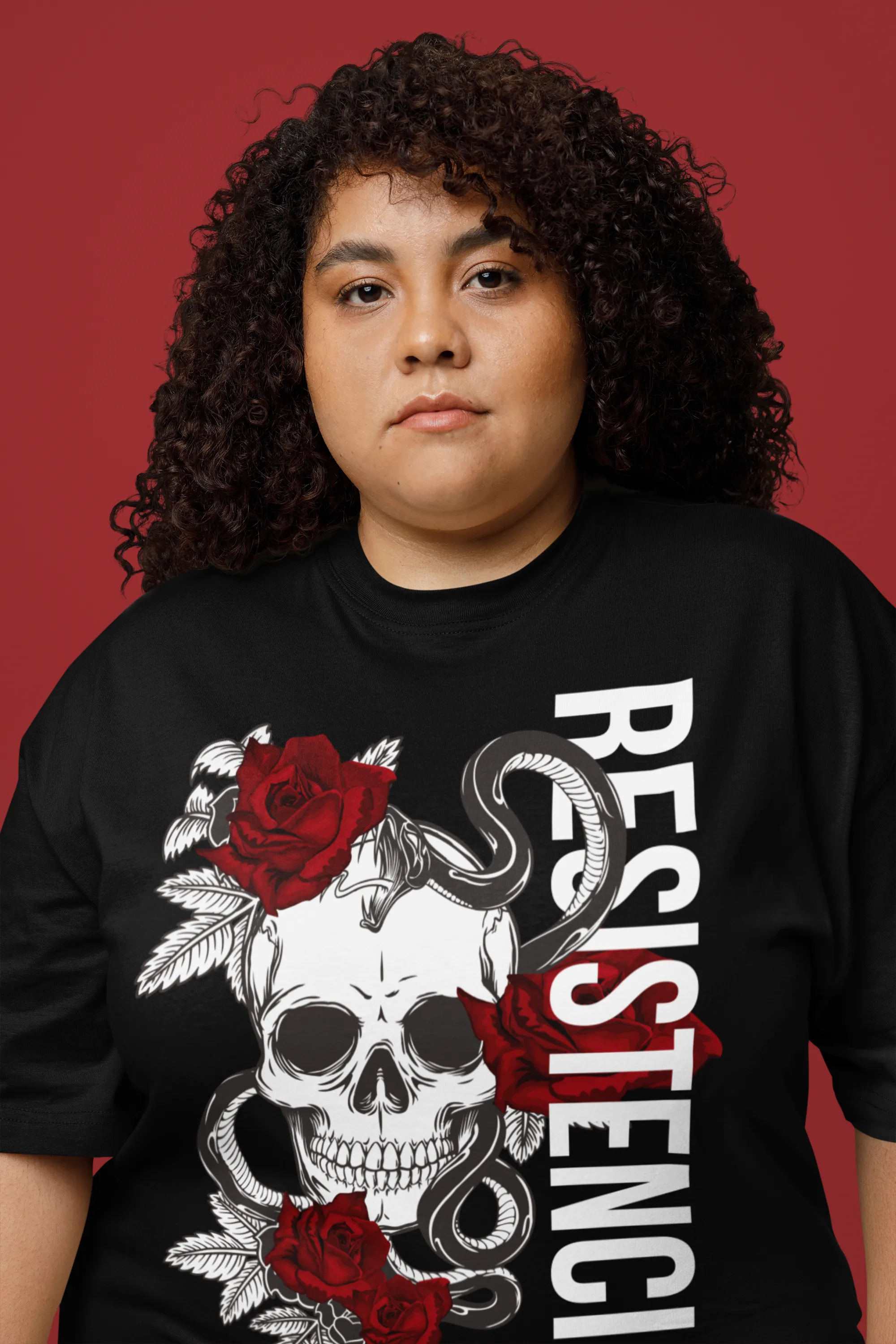 Resistencia Intersectional Pride Chicano Streetwear Style Graphic Tee on front of Black Oversize Deep Drop Shoulder Tee - 190 GSM