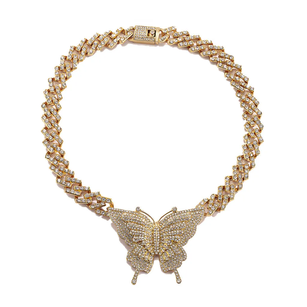 Rhinestone Embellished Butterfly Charm Statement Necklace - Gold