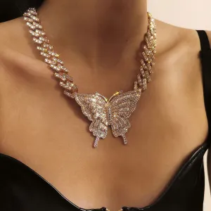 Rhinestone Embellished Butterfly Charm Statement Necklace - Gold