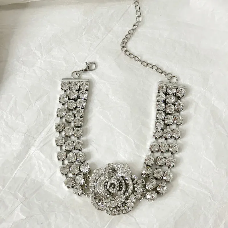 Rhinestone Rose Flowers Short Choker Necklace
