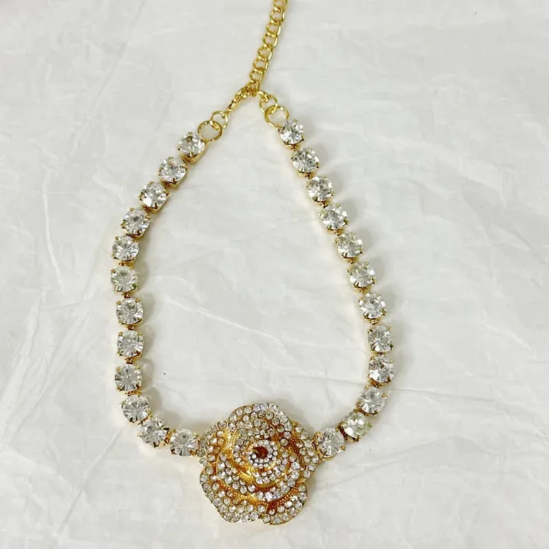 Rhinestone Rose Flowers Short Choker Necklace