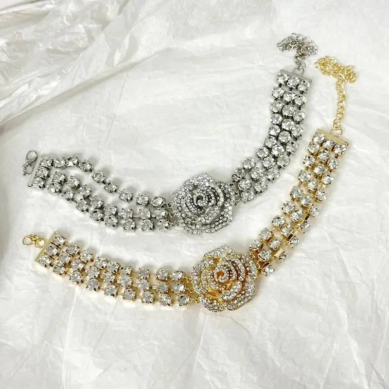 Rhinestone Rose Flowers Short Choker Necklace