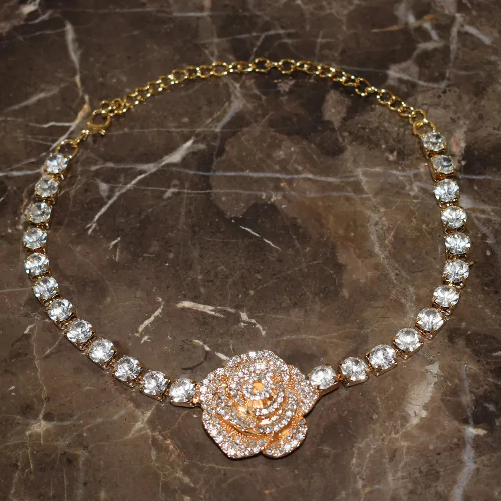 Rhinestone Rose Flowers Short Choker Necklace