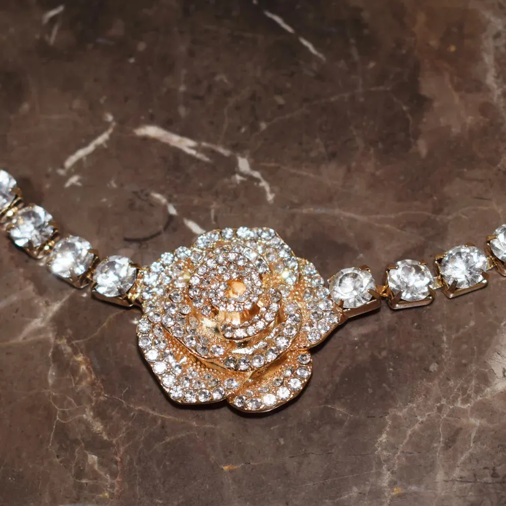 Rhinestone Rose Flowers Short Choker Necklace