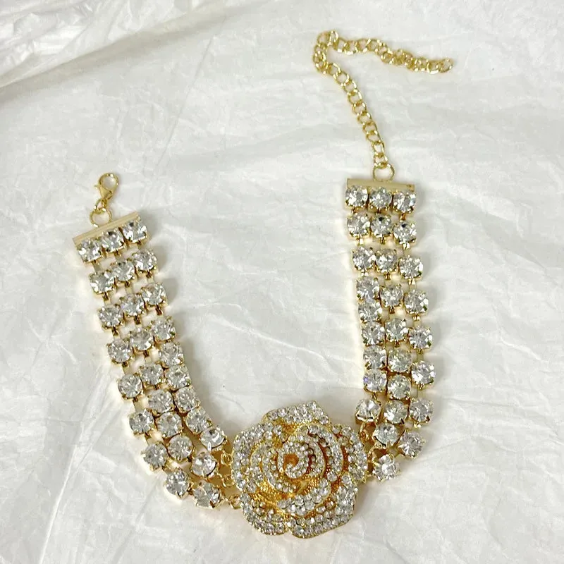 Rhinestone Rose Flowers Short Choker Necklace