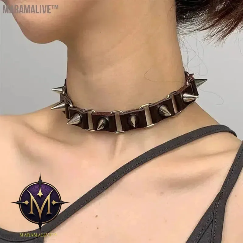 Riveted Leather Necklace Neck Jewelry Halloween Gothic Style Accessory Collarbone Chain Black Punk Collar Femme Neck Strap