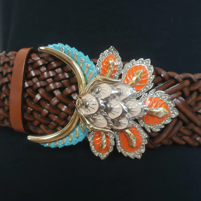Roberto Cavalli Enamel Buckle Woven Wide Belt Dark Brown Leather One Size