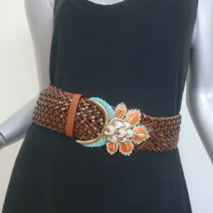 Roberto Cavalli Enamel Buckle Woven Wide Belt Dark Brown Leather One Size
