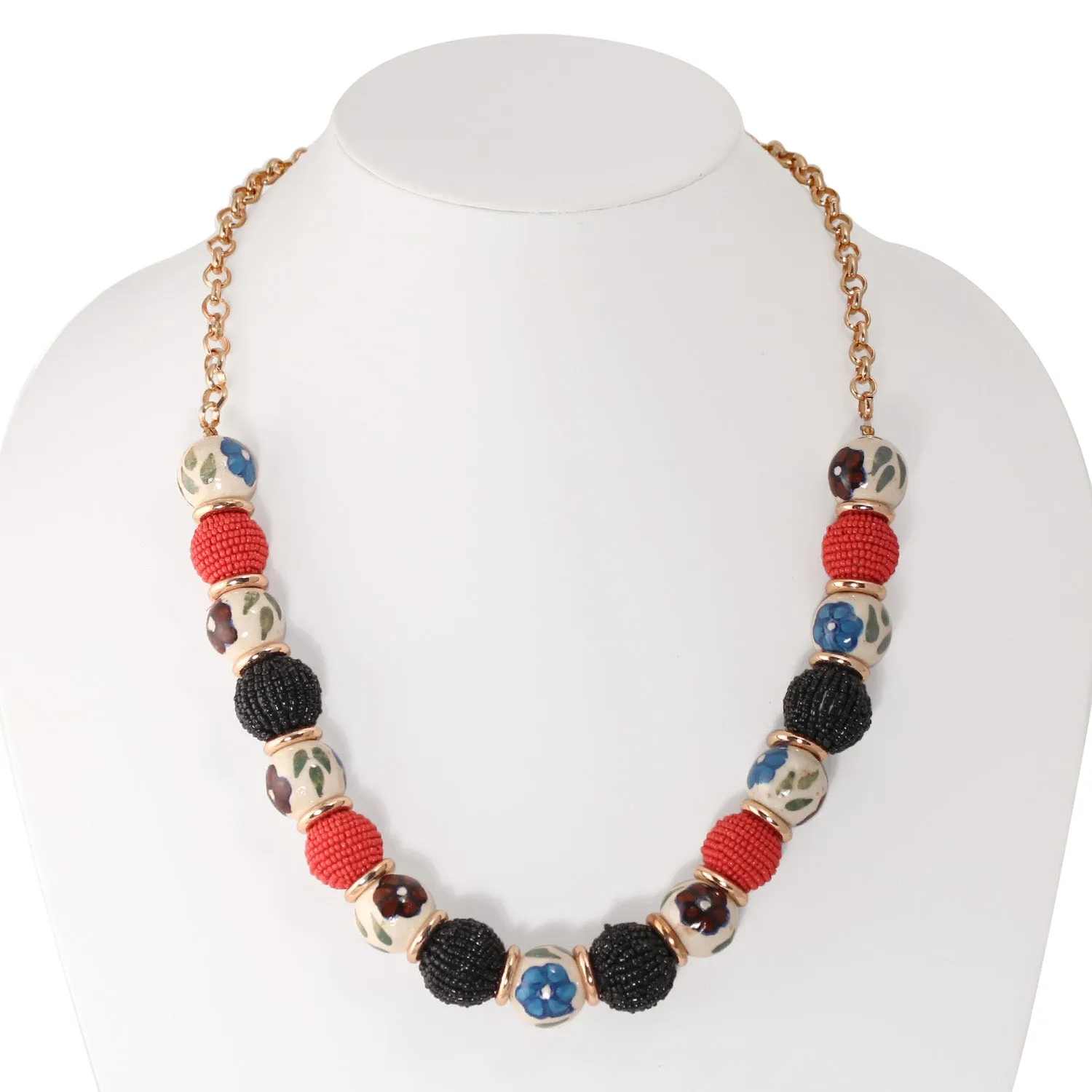 ROSE GOLD MULTICOLOR CERAMIC AND SEED BEAD BALL  NECKLACE #FWNK-1901-10 (NF19)