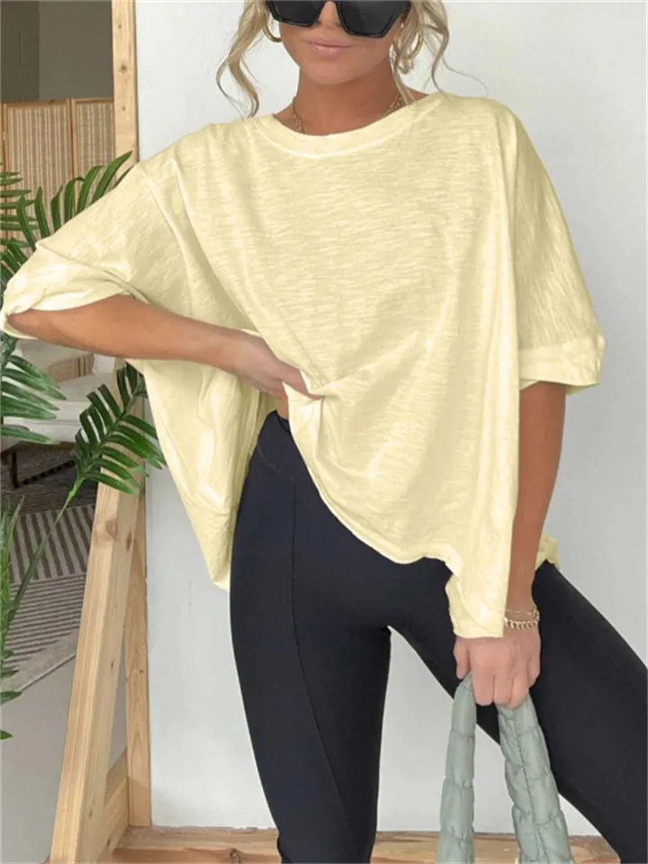 Round Neck Solid Color Basic T-shirt for Women