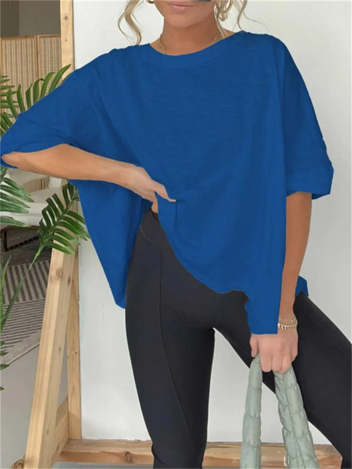 Round Neck Solid Color Basic T-shirt for Women
