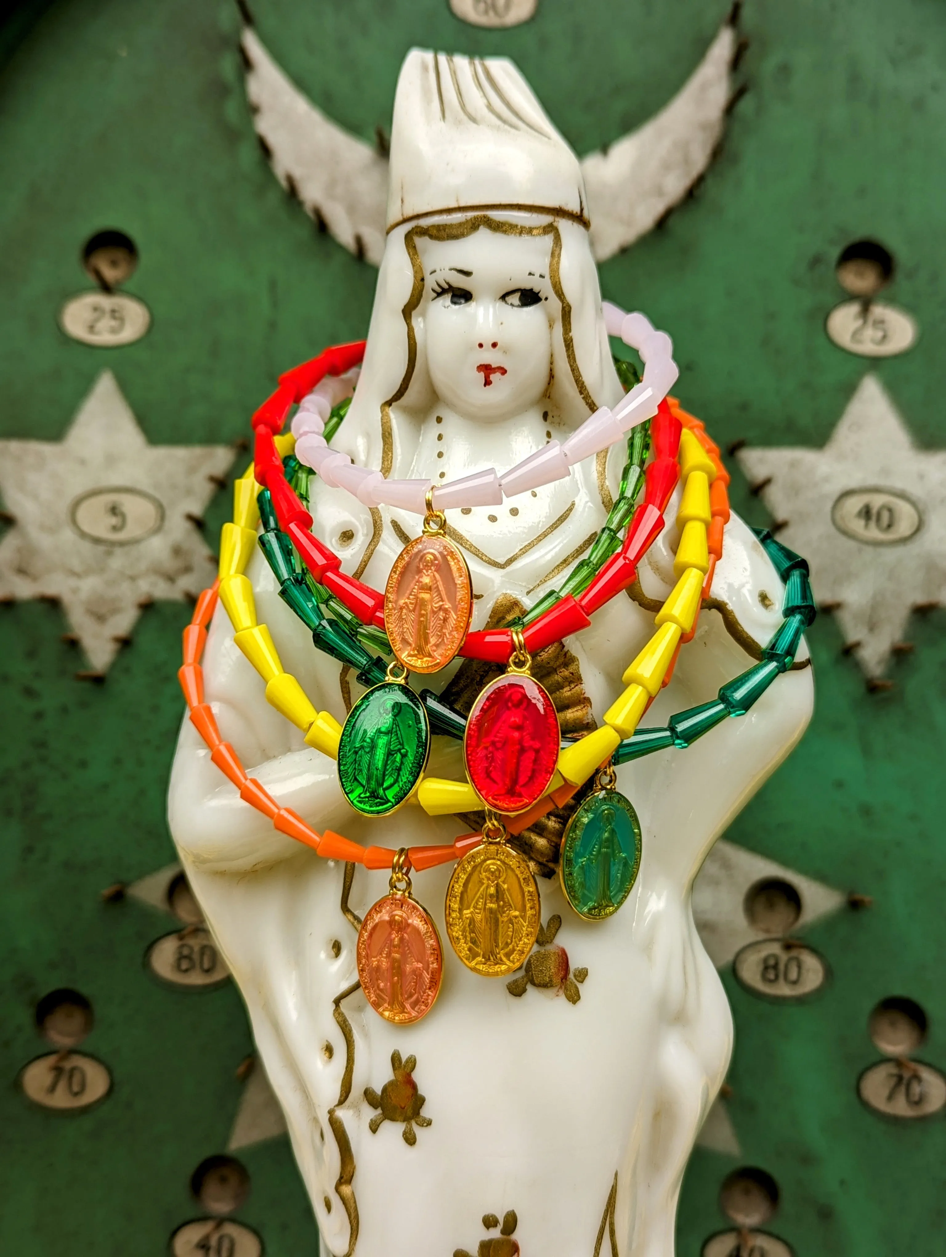 Sacred Mary enamel pendants on Conical crystal necklaces