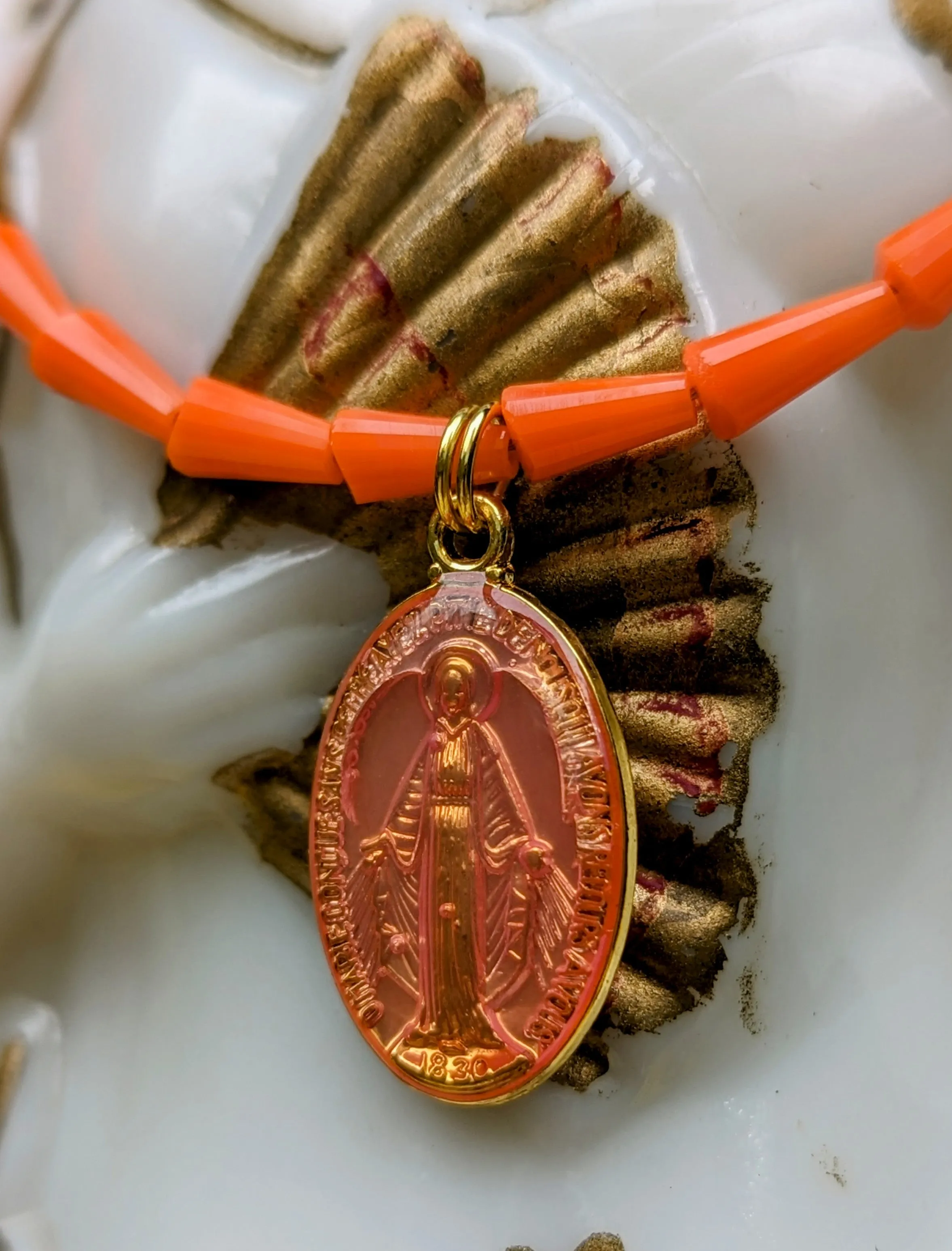 Sacred Mary enamel pendants on Conical crystal necklaces