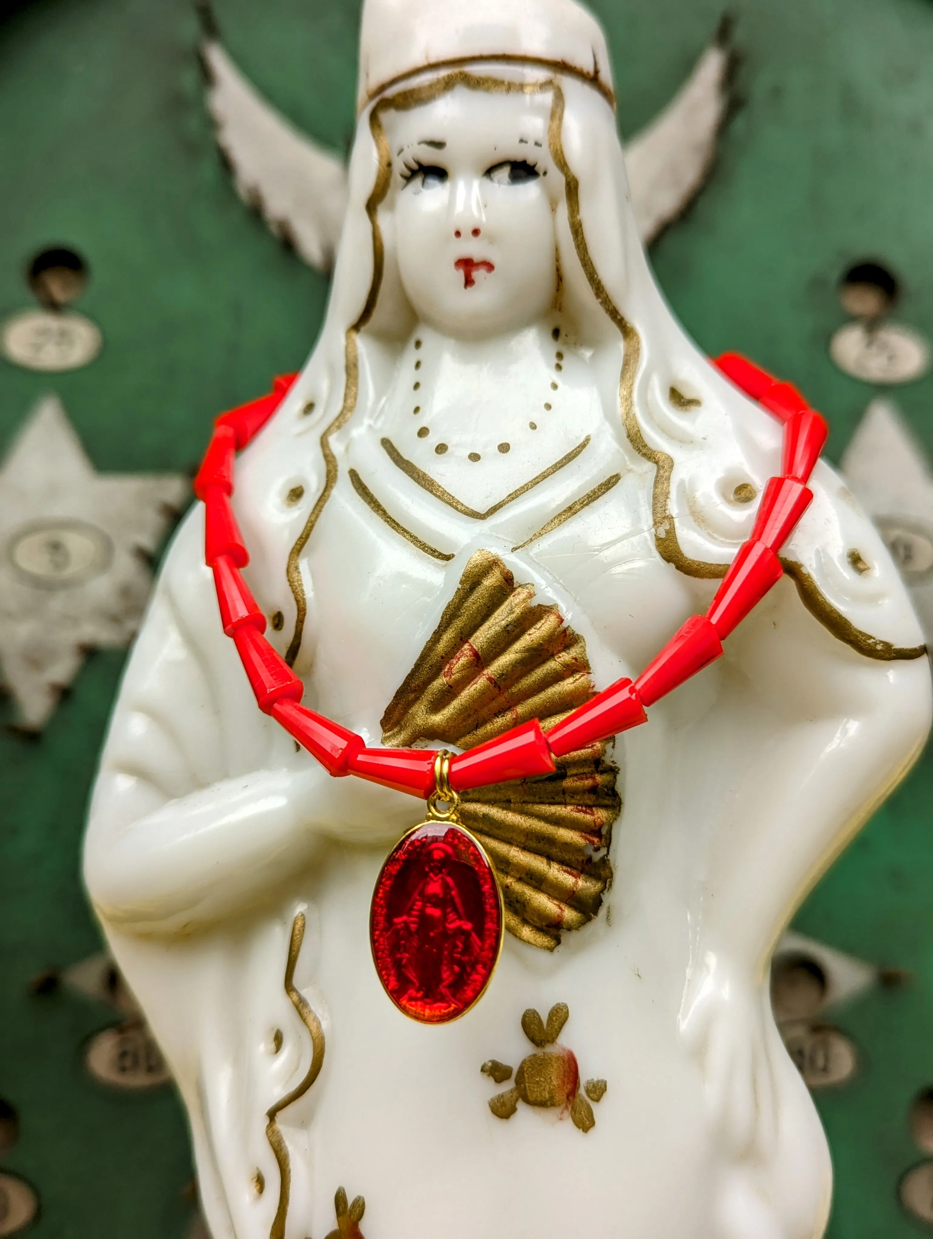 Sacred Mary enamel pendants on Conical crystal necklaces
