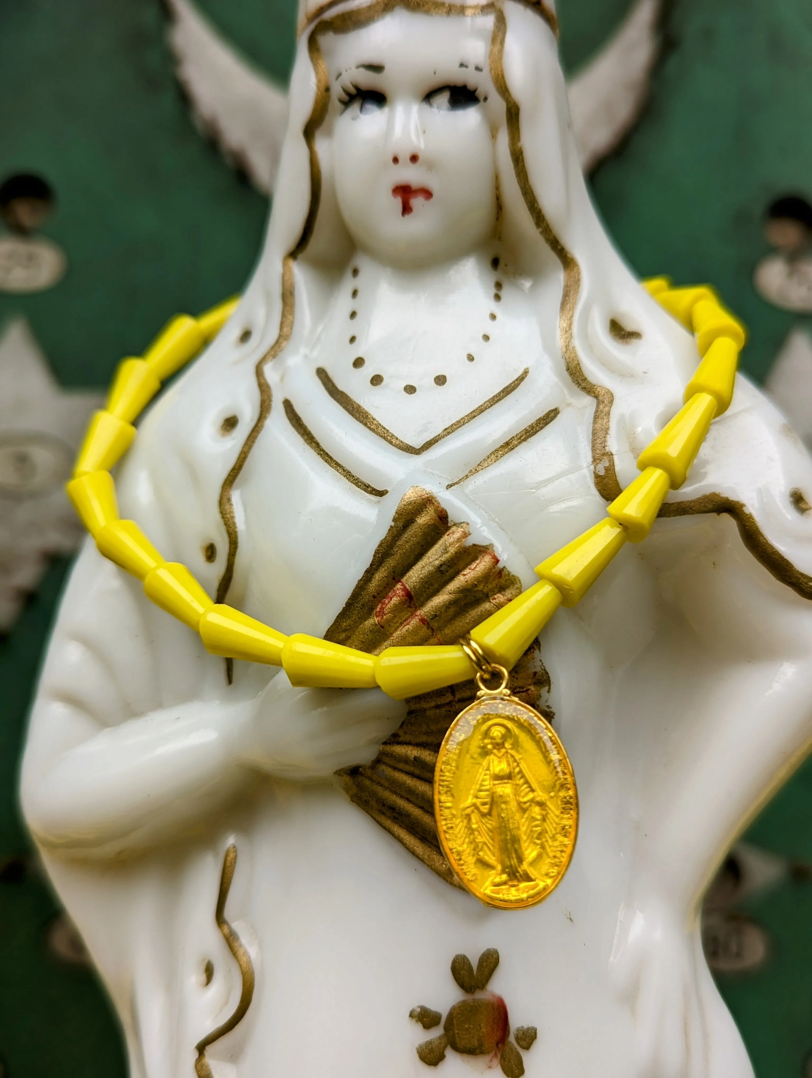 Sacred Mary enamel pendants on Conical crystal necklaces