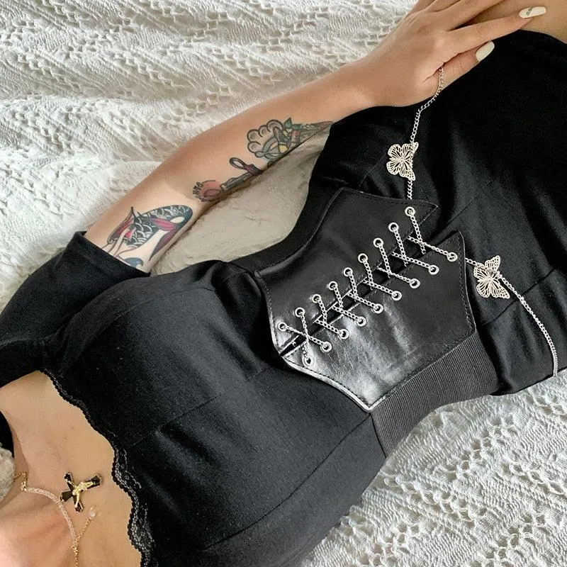 Sexy Corset Wide Cummerbunds Pu Leather Butterfly Chain Slimming Body Waistband