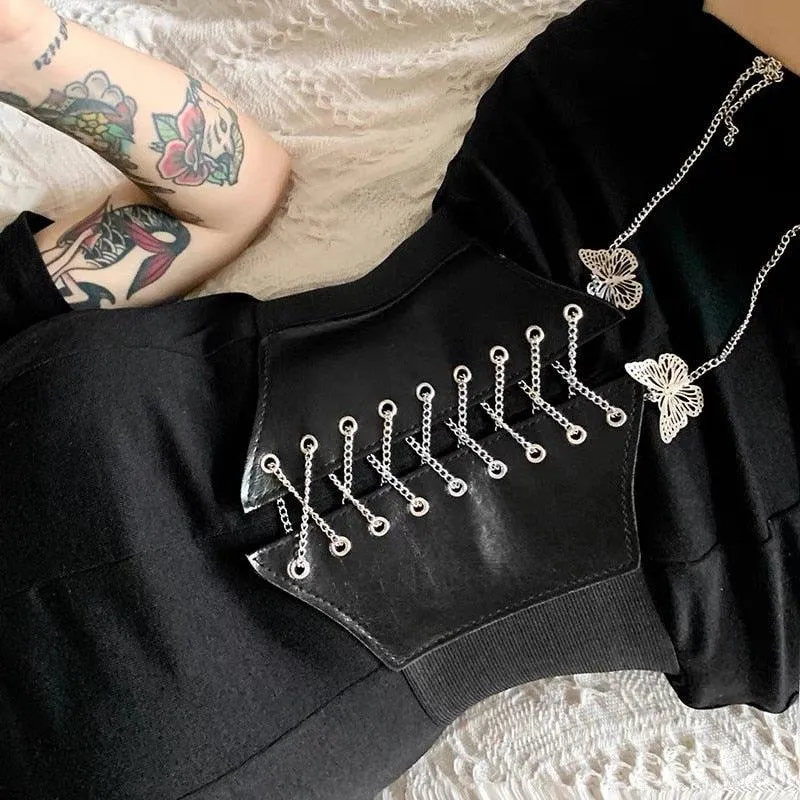 Sexy Corset Wide Cummerbunds Pu Leather Butterfly Chain Slimming Body Waistband
