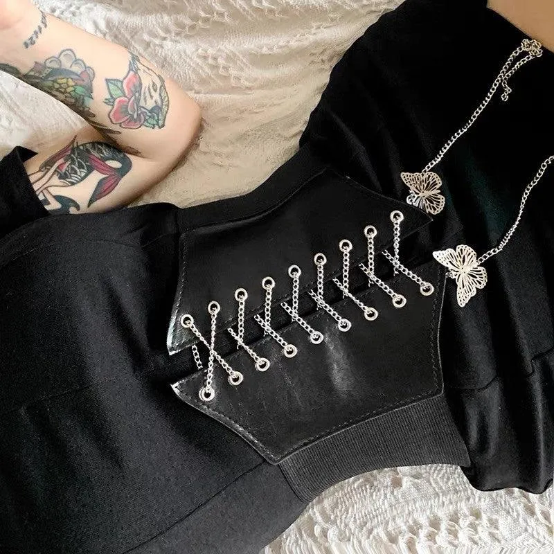 Sexy Corset Wide Cummerbunds Pu Leather Butterfly Chain Slimming Body Waistband
