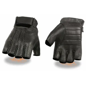 SH877 Men's Black Leather Gel Padded Palm Fingerless Motorcycle Hand Gloves W/ ‘Welted USA Deerskin’