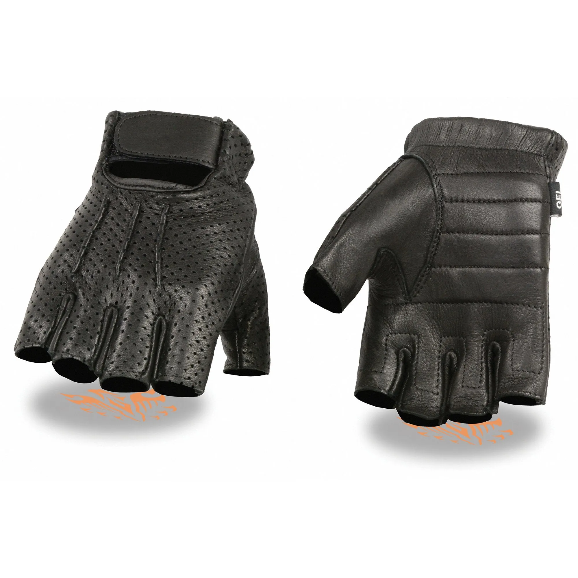 SH877 Men's Black Leather Gel Padded Palm Fingerless Motorcycle Hand Gloves W/ ‘Welted USA Deerskin’