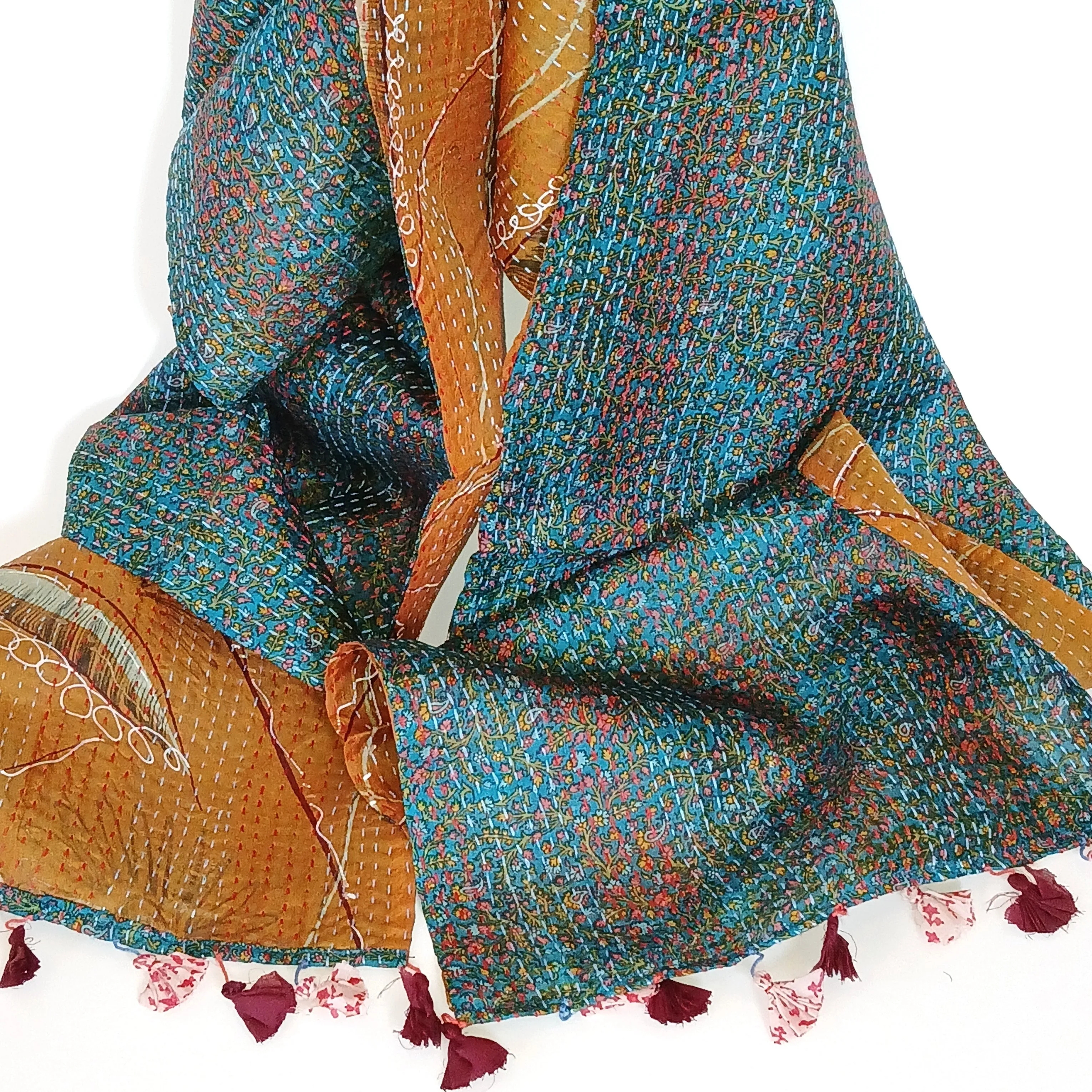 Silk Kantha Scarf - Teal & Bronze
