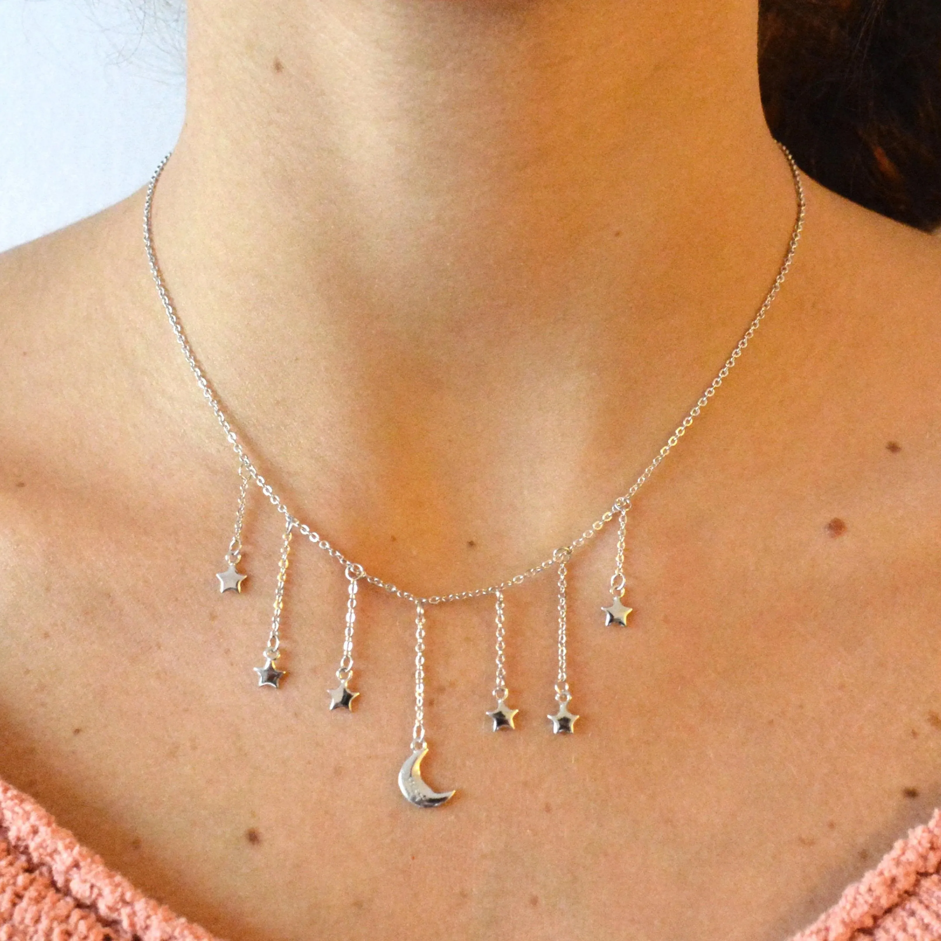 Silver Choker Necklace | Star & Moon Dangling Charms |