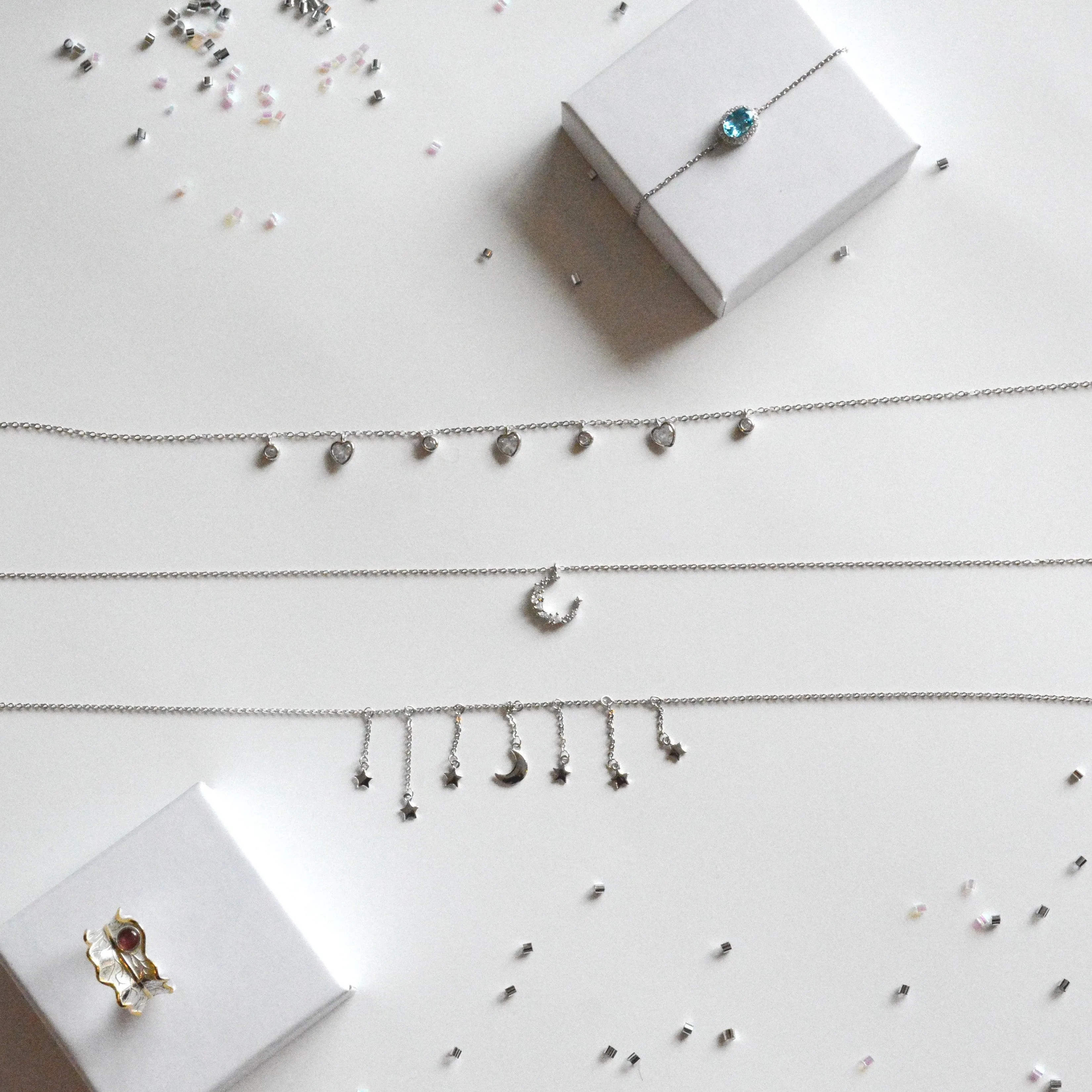 Silver Choker Necklace | Star & Moon Dangling Charms |