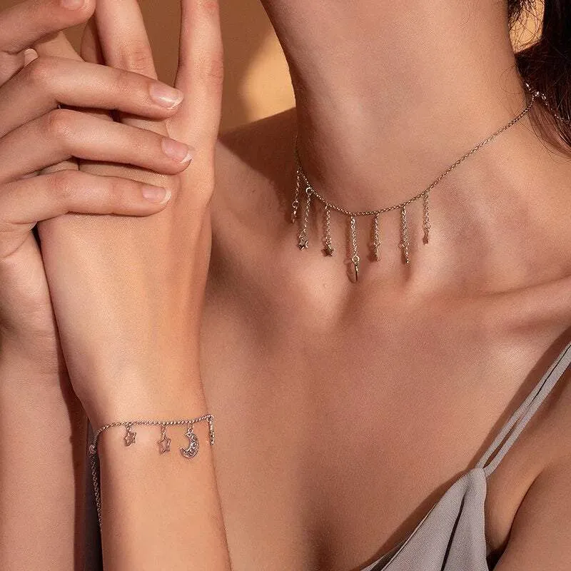 Silver Choker Necklace | Star & Moon Dangling Charms |