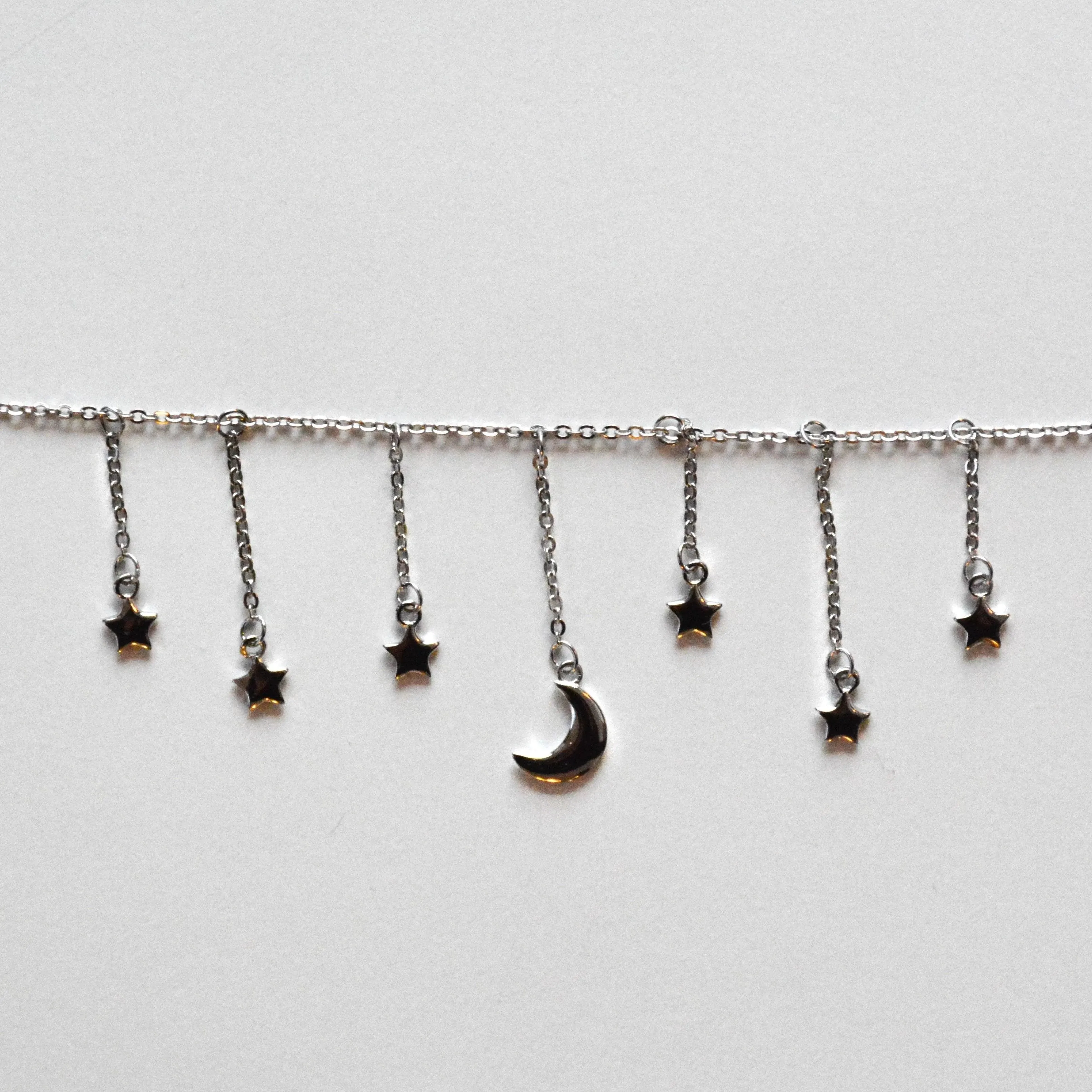 Silver Choker Necklace | Star & Moon Dangling Charms |