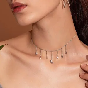 Silver Choker Necklace | Star & Moon Dangling Charms |