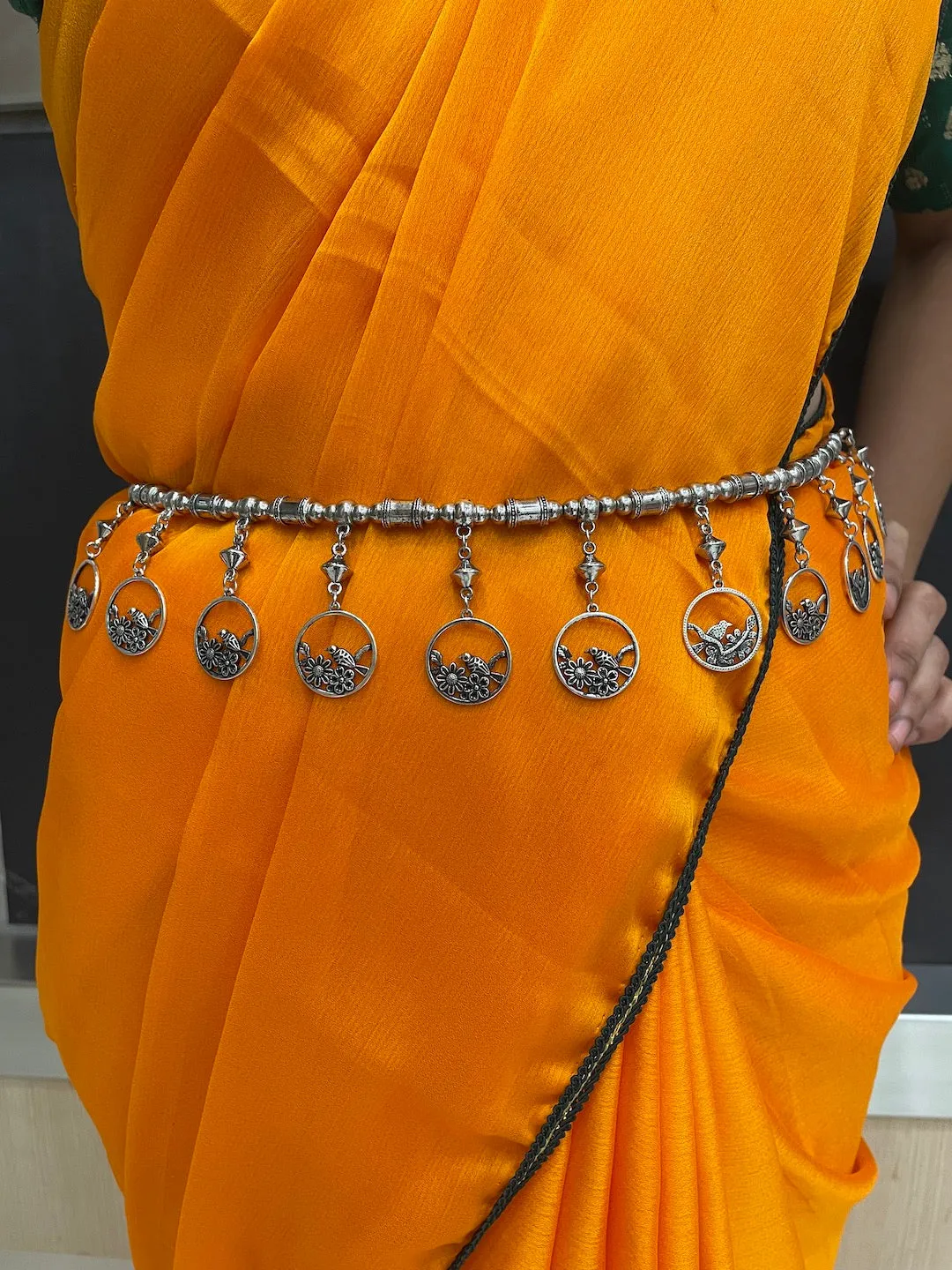 Silver Kamarbandh Flower & Bird Design