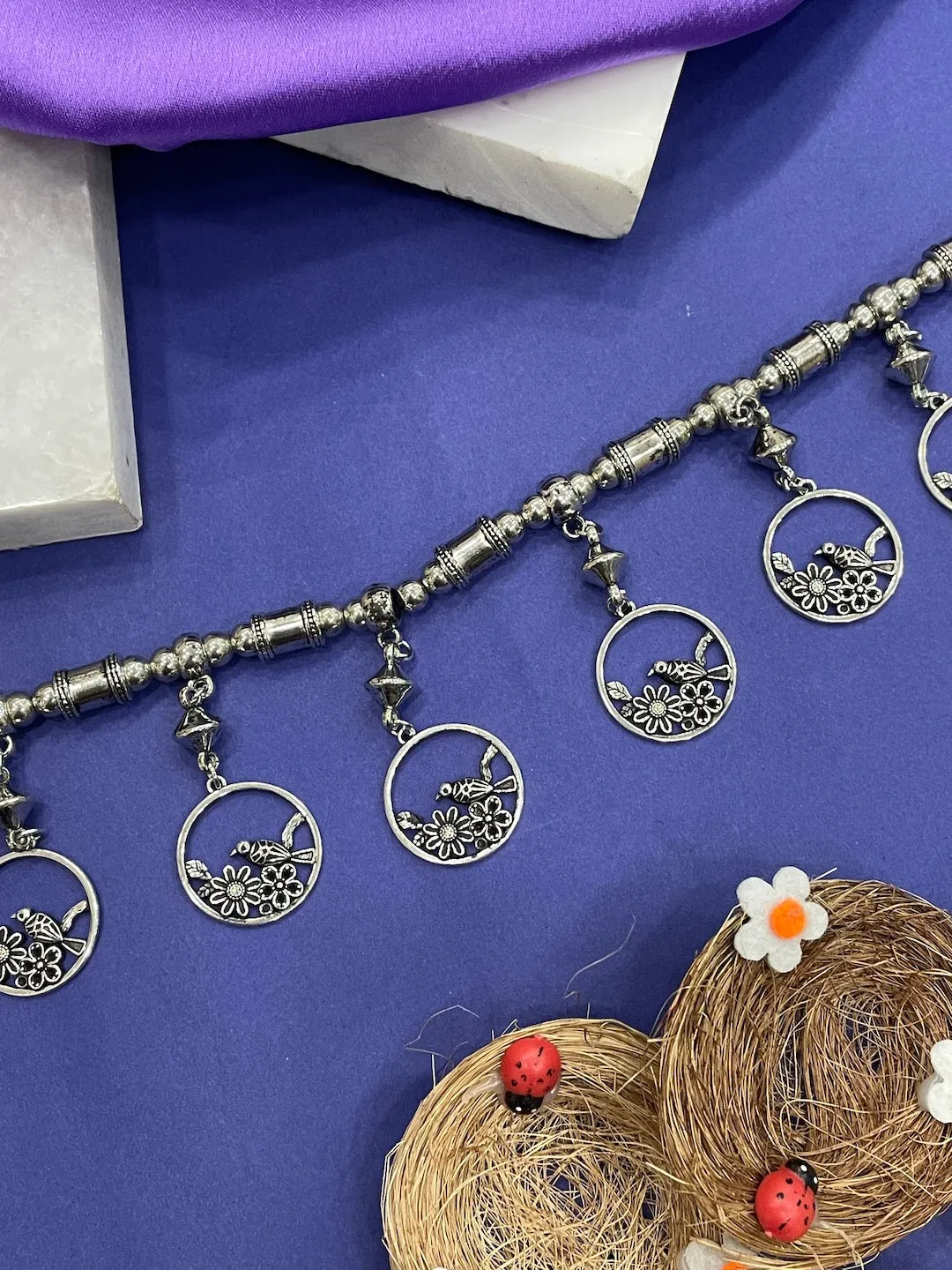 Silver Kamarbandh Flower & Bird Design