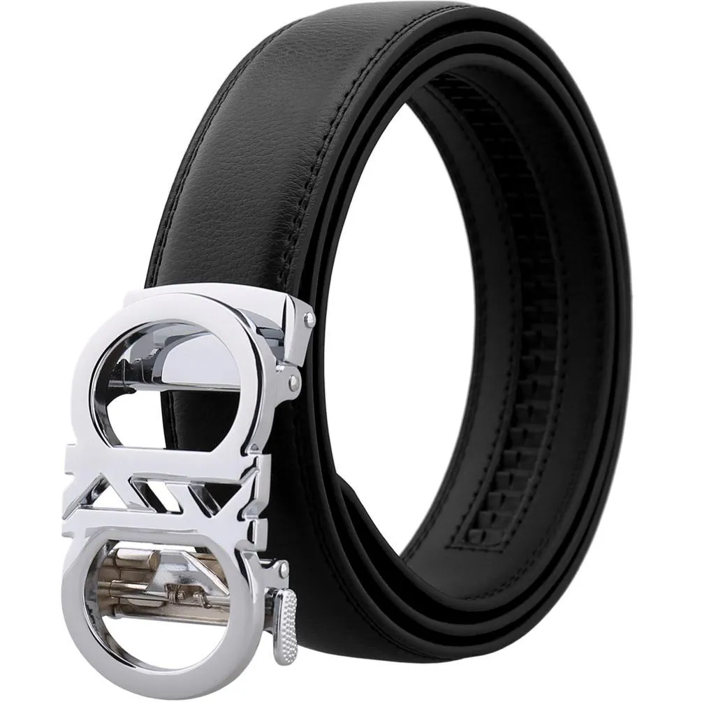 Silver Mens Adjustable Ratchet Slide Buckle Belt - Genuine Leather Automatic Belt with No Holes