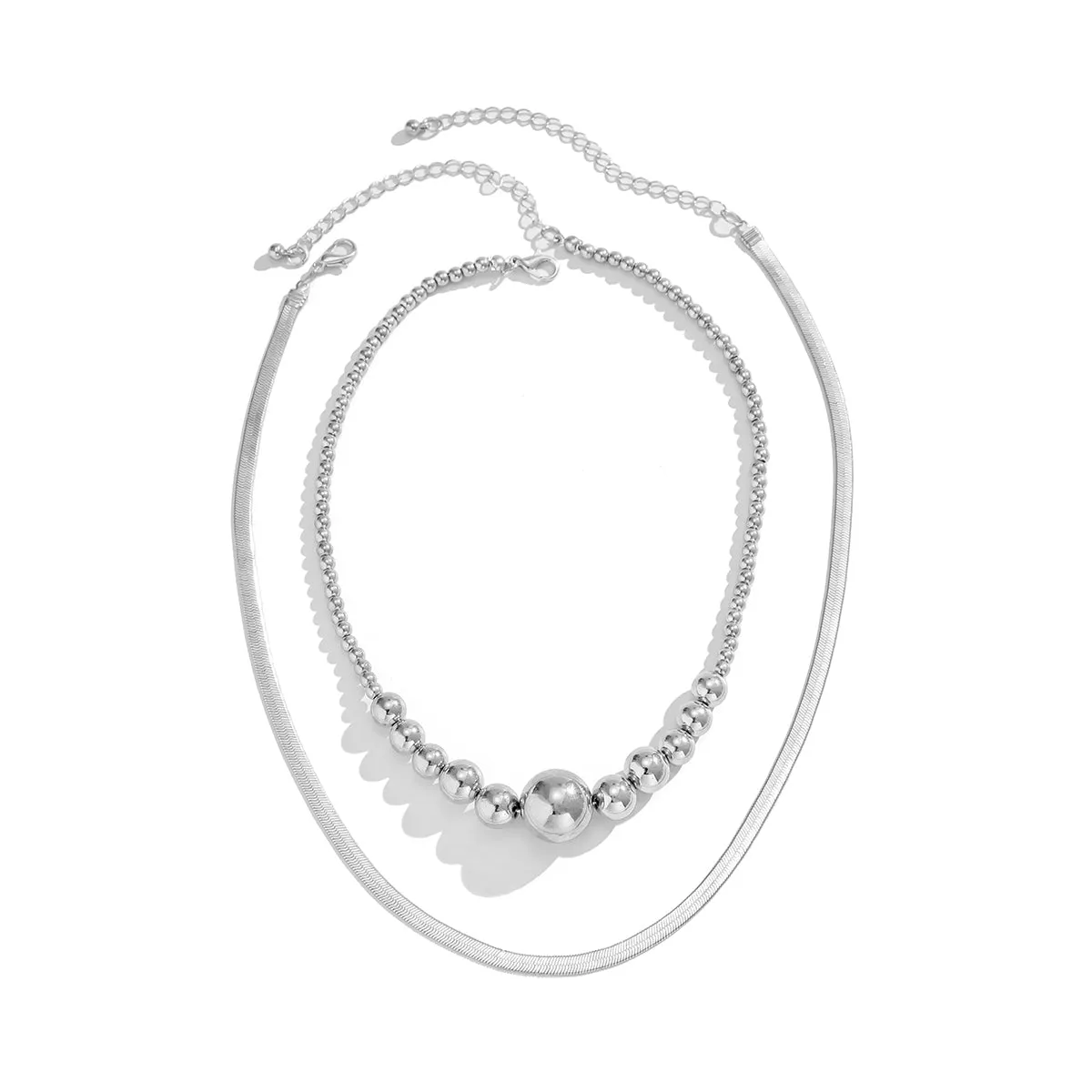 Silver-Plated Bead & Herringbone Chain Necklace Set