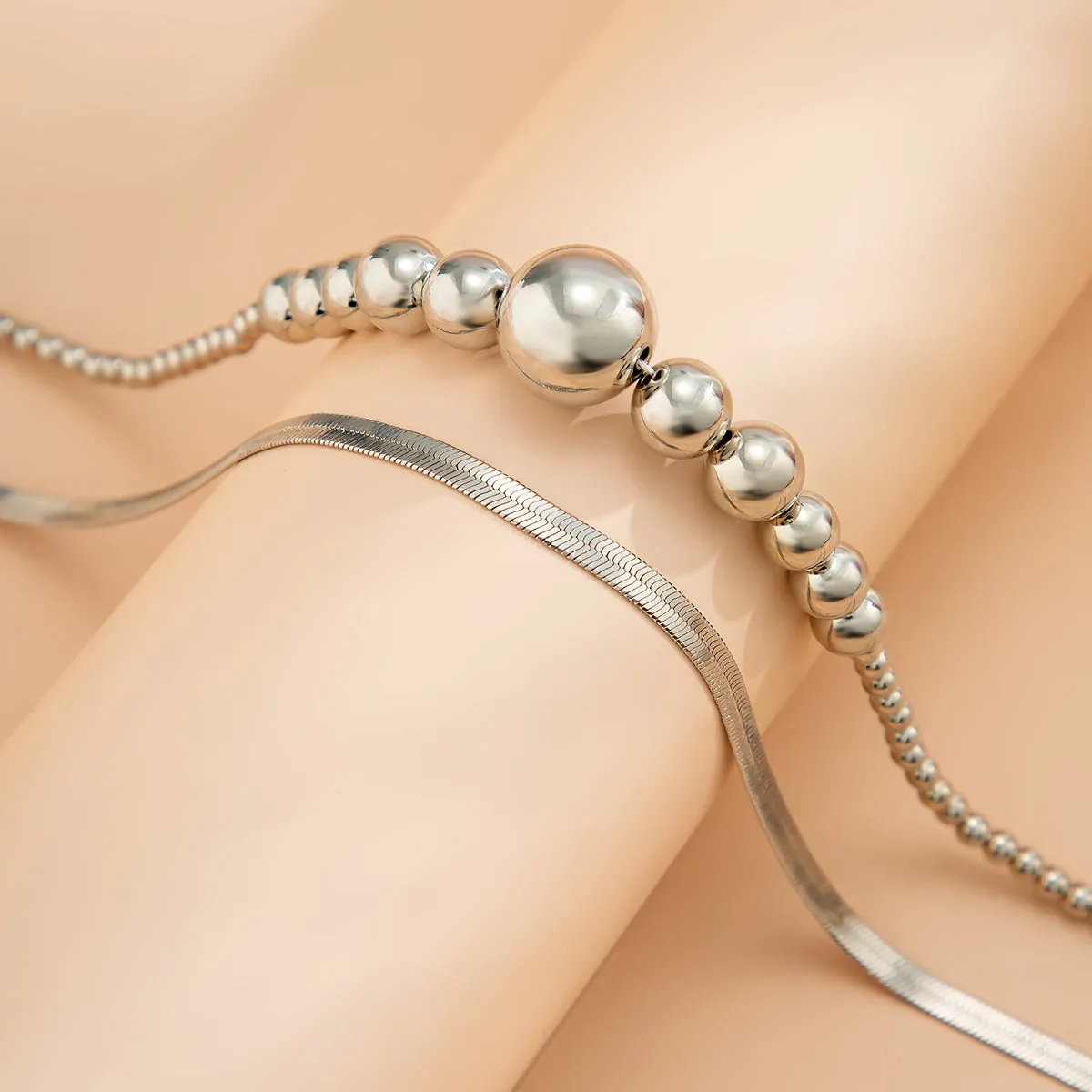 Silver-Plated Bead & Herringbone Chain Necklace Set