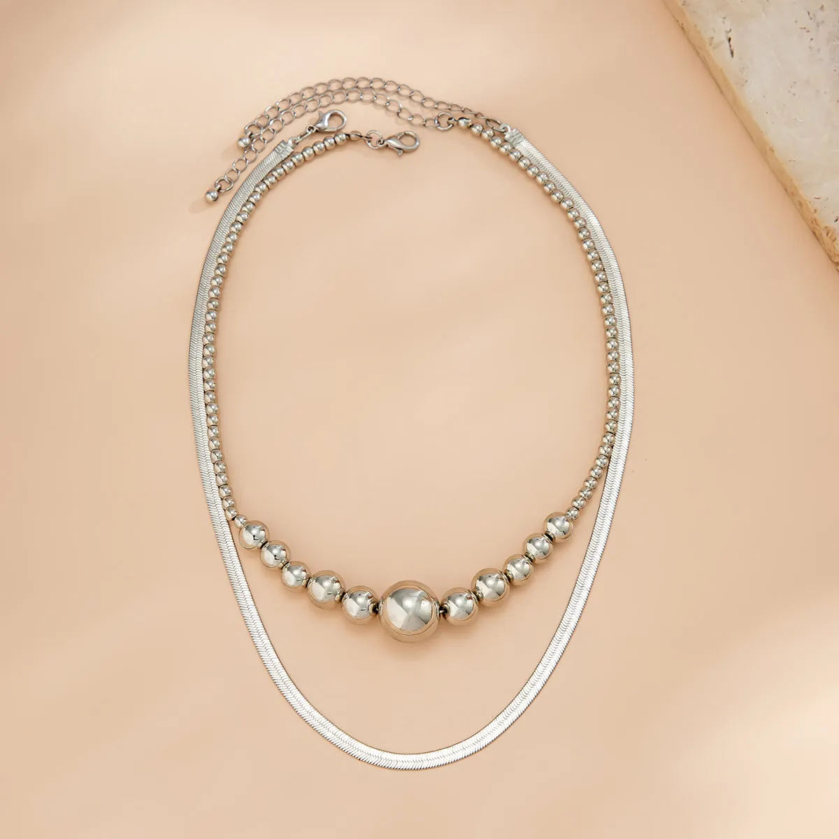 Silver-Plated Bead & Herringbone Chain Necklace Set