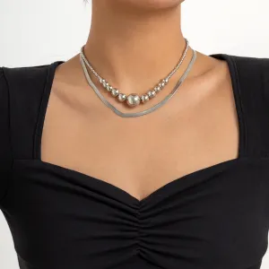 Silver-Plated Bead & Herringbone Chain Necklace Set