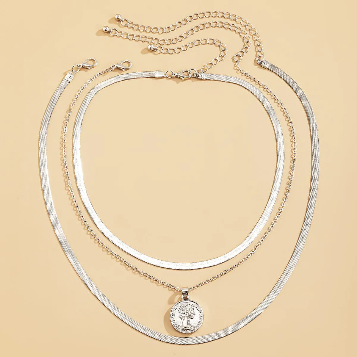Silver-Plated Snake Chain Coin Pendant Necklace Set