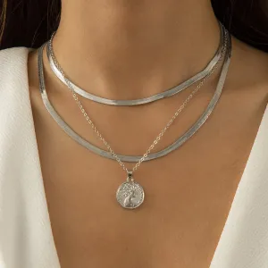 Silver-Plated Snake Chain Coin Pendant Necklace Set