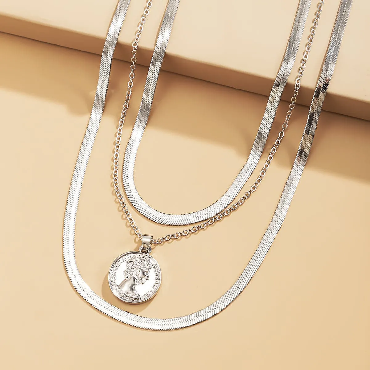 Silver-Plated Snake Chain Coin Pendant Necklace Set