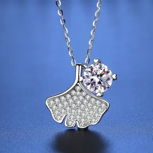 Silver Sparkling Diamond Ginkgo Biloba Moissanite Necklace