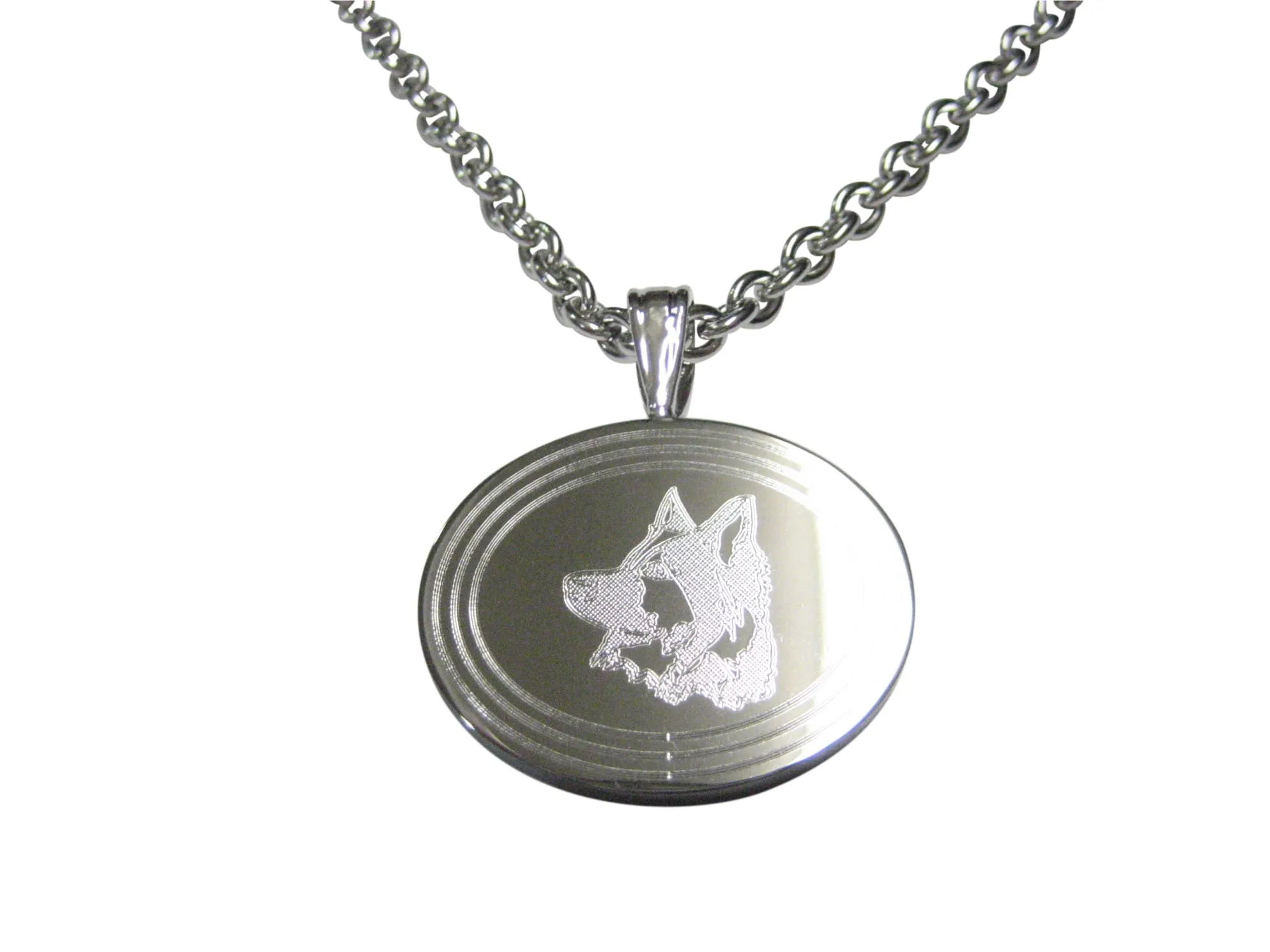 Silver Toned Etched Oval Side Facing Dog Head Pendant Necklace