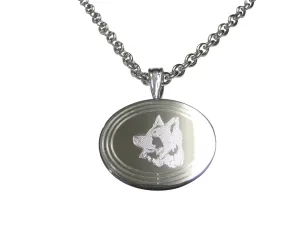 Silver Toned Etched Oval Side Facing Dog Head Pendant Necklace