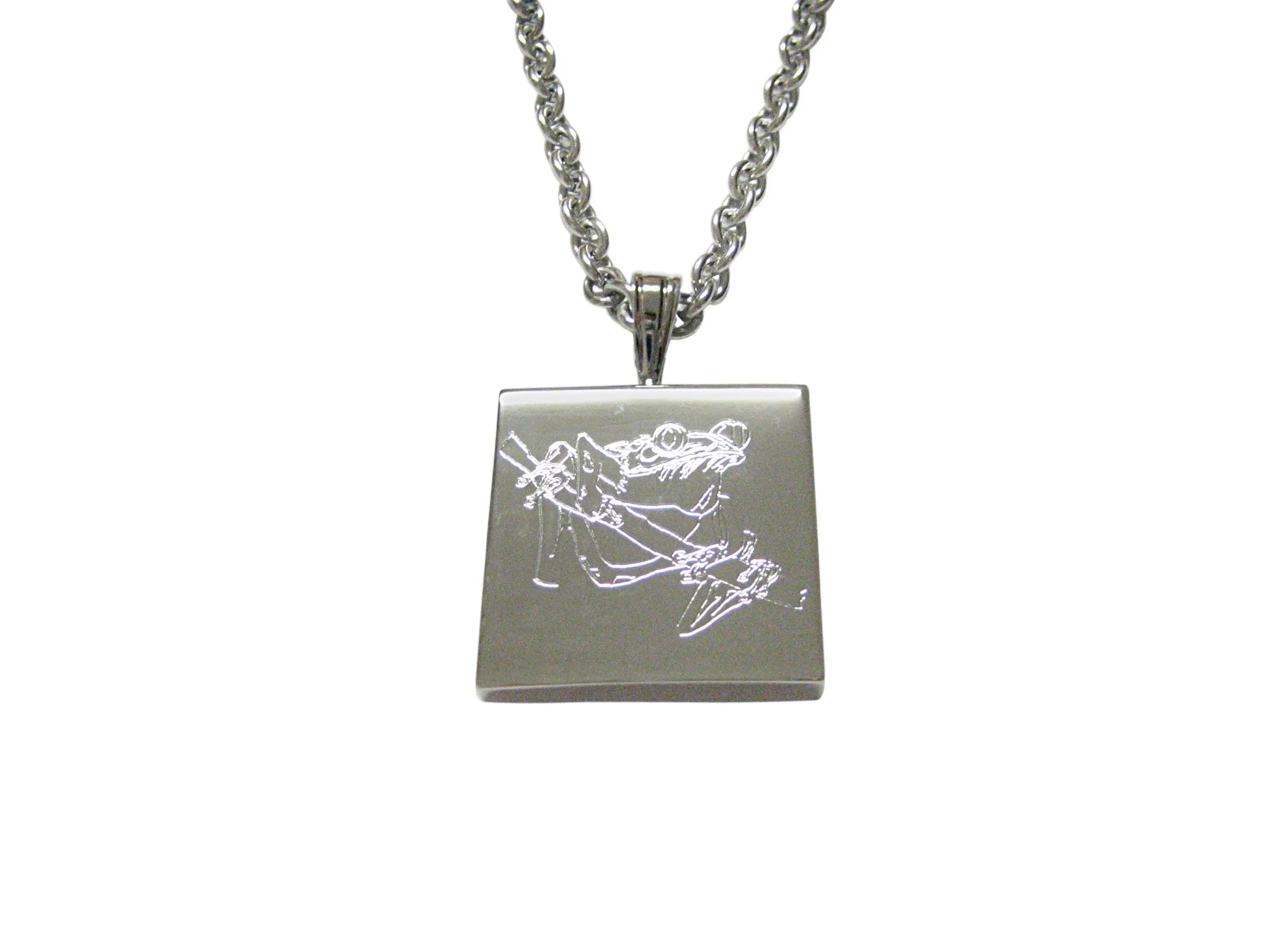 Silver Toned Etched Tropical Frog On Tree Pendant Necklace